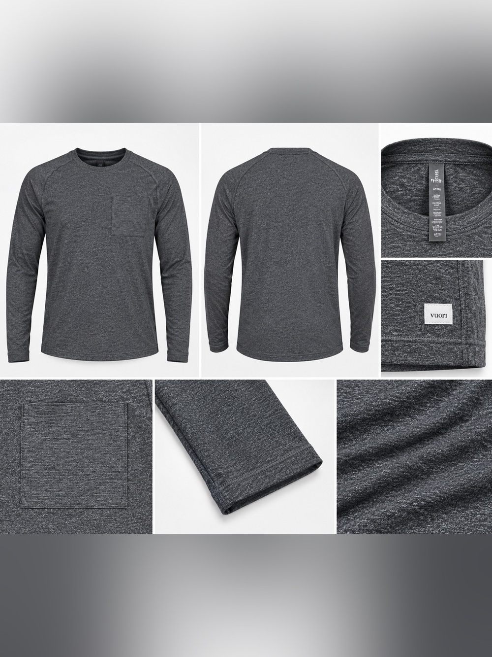 Vuori men’s long sleeve performance crew/pocket shirt in Charcoal Heather